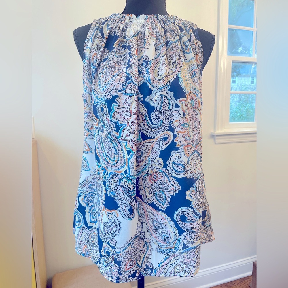 Blue and pink paisley, sleeveless blouse